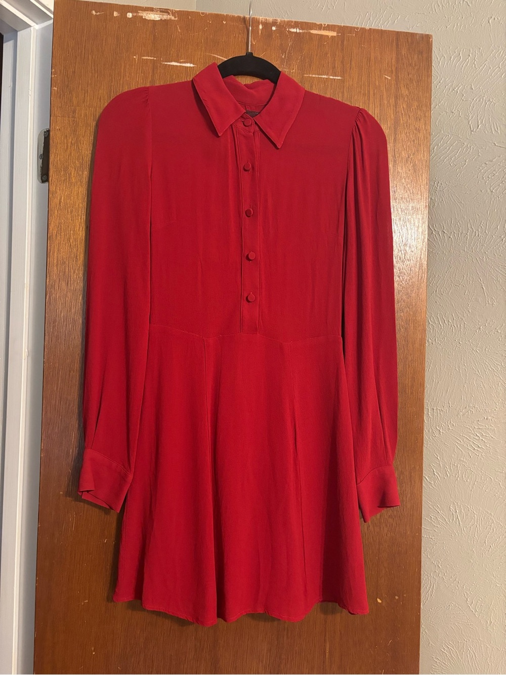 Reformation Red Long-Sleeve Button-Front Collared Dress